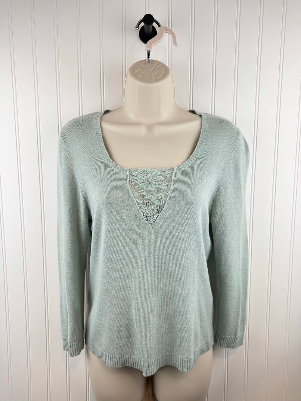 August Silk Mint Silk Cashmere Blend Lace Knit Sweater Top M